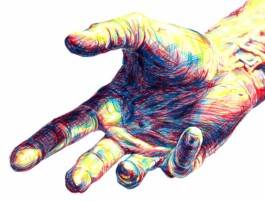 Eine darbietende Hand, gemalt aus feinen Strichen in den drei Grundfarben. Durch die Verflechtung entstehen plastische Formen und überraschende Farbabstufungen.