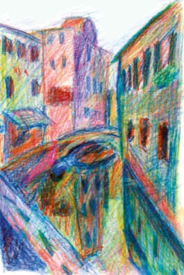 Ein venezianischer Kanal, gezeichnet in expressiven Farben und Strichen.