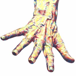 Eine Hand mit gespreizten Fingern, gemalt aus feinen Strichen in den drei Grundfarben. Durch die Verflechtung entstehen plastische Formen und überraschende Farbabstufungen.