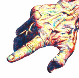 Eine zeigende Hand, gemalt aus feinen Strichen in den drei Grundfarben. Durch die Verflechtung entstehen plastische Formen und überraschende Farbabstufungen.