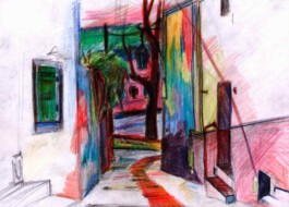 Eine enge Gasse, die umso bunter wird, je weiter man nach hinten schaut.
