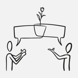 Zwei Menschen sprechen miteinander. Aus der Überschneidung ihrer Sprechblasen wächst eine Blume. 