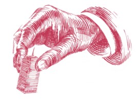 Eine Hand, die ein kleines Geschäftsgebäude verschiebt, als wäre es eine Spielfigur. 