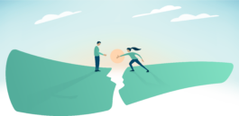 Eine Person steht energielos vor einem Spalt, der den Boden unterbricht. Eine zweite Person steht auf der anderen Seite des Risses und bietet mit ausgestreckter Hand Hilfe an. 