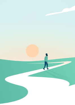 Eine Person geht einen Weg, der sich in mehreren Wendungen Richtung Horizont erstreckt. Der Blick ist auf die Sonne gerichtet, die am Ende des Weges steht. 