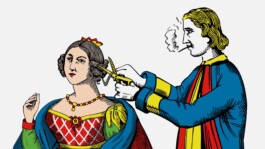 Der Ober schneidet der Dame die Haare.